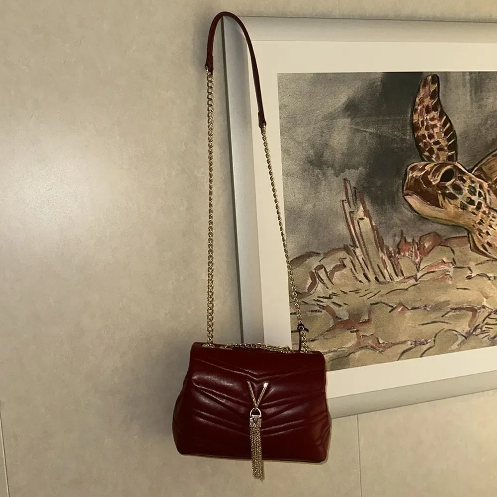 Mario Valentino Cherry Red Gold Tone Privilege Flap Chain Strap Purse
